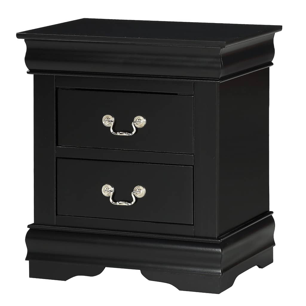 Black Two-Drawer Solid Wood Nightstand with Nickel Finish