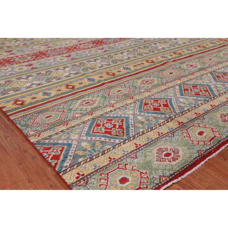 Hand Knotted Oriental 100% Wool Carpet Traditional Geometric Multi-Colored Kazak Area Rug - 11' 3'' X 9' 1''