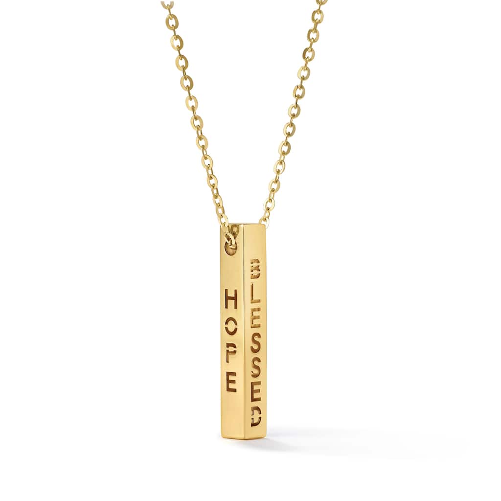 Clover 14K Yellow Gold Inspirational Bar Pendant Necklace - Hope Faith Believe Blessed - Adjustable 16-18"