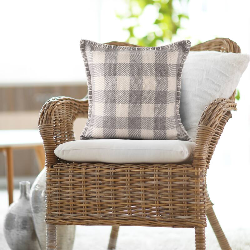 Sevita Hand-Woven Light Gray/Ivory Plaid Polyester Indoor/Outdoor Throw Pillow