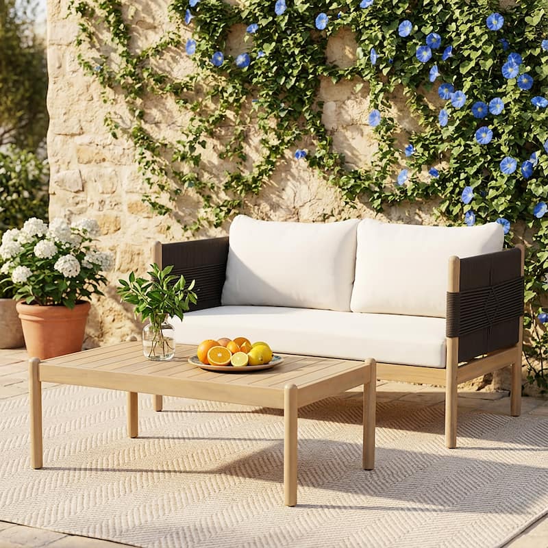 Christopher Knight Home - Outdoor 2-Piece Set with Acacia Wood Loveseat and Coffee Table, Rope Panels & Cushioned Seating - Light Teak+Black Rope+Cream Cushion
