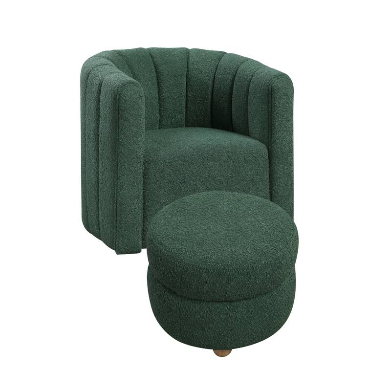 Noa Swivel Chair and Ottoman, Channel Tufted Curved, Sea Green Boucle