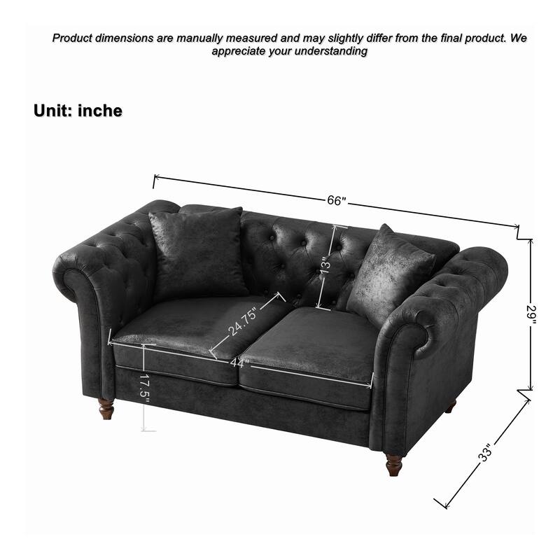 66"Chesterfield ‌Faux Leather Sofa,High-tech Fabric Roll Armrest Sofa,Upholstered Mid Century Modern Couch,2 Seater Couch