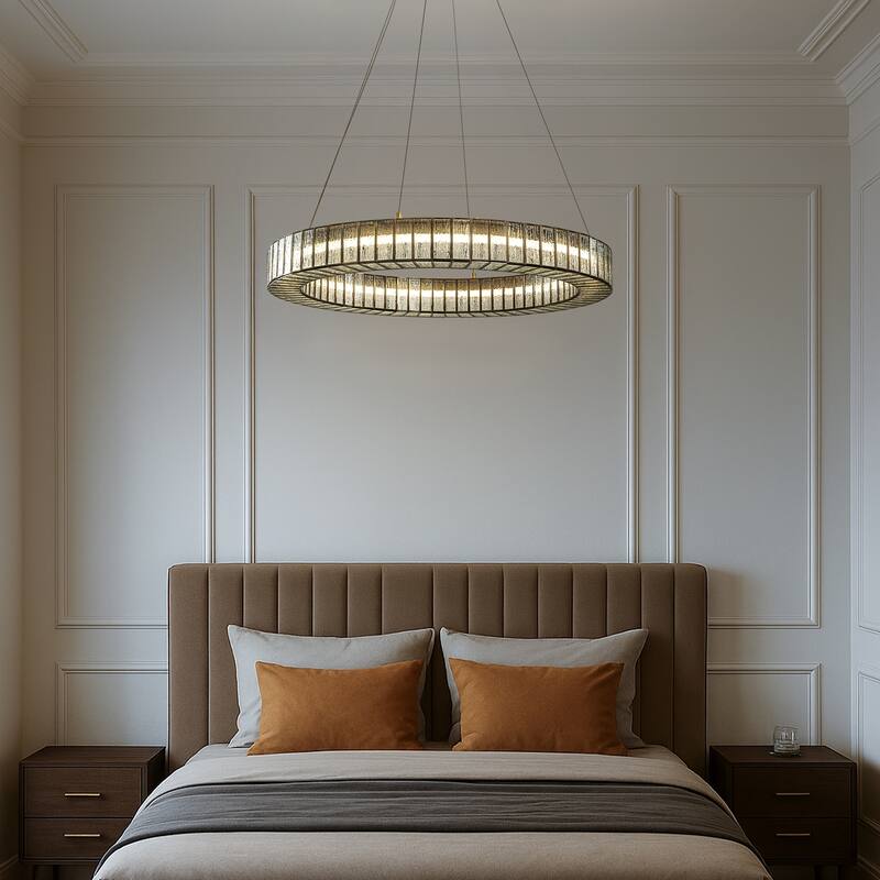 34'' Modern Halo Round Textured Glass Integrated Led Chandelier Brass Empire Led Ceiling Light For Dining Room Living Room