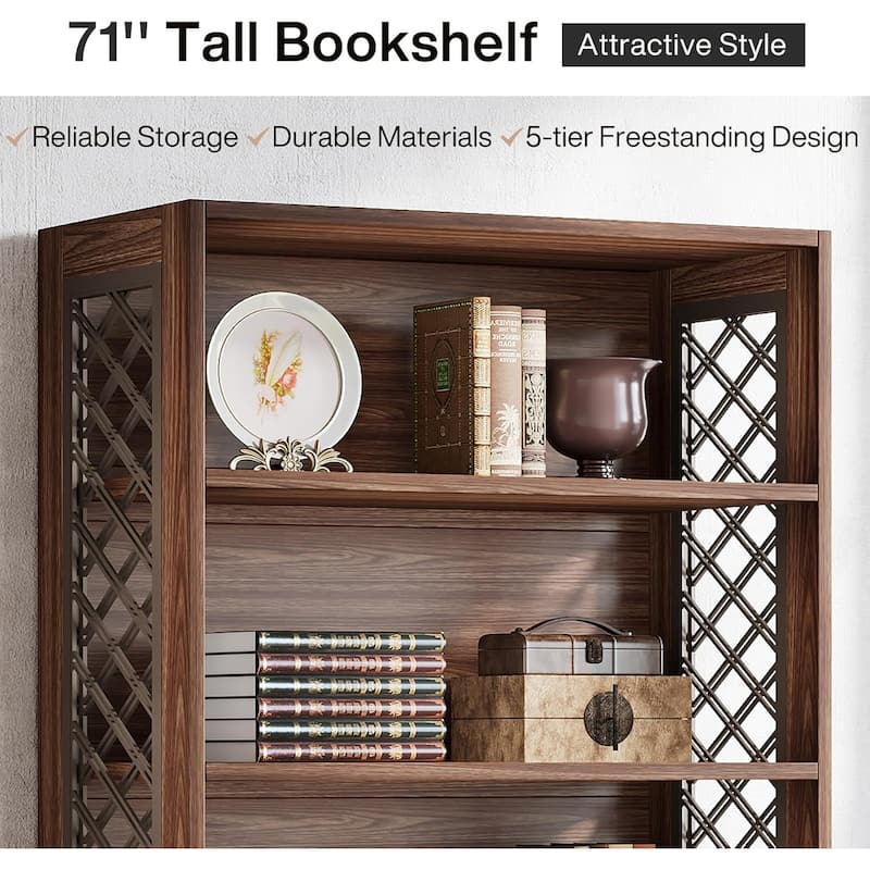 71 Inches Vintage Tall Bookcase, Floor Standing 5-Shelf Display Rack Storage Shelves