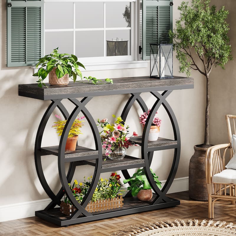 Industrial Console Table, 4-Tier Sofa Table with Geometric Metal Frame