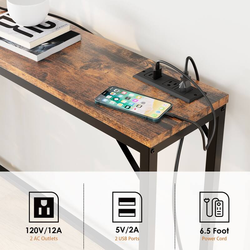 Console Table with Outlets, Narrow Sofa Table with Charging Station