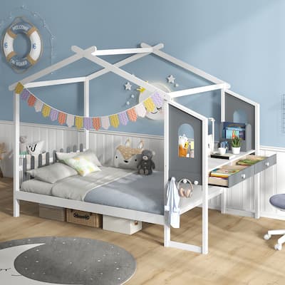 Gymax Full Size Kids House Bed w/ Study Desk & Removable Box Drawers