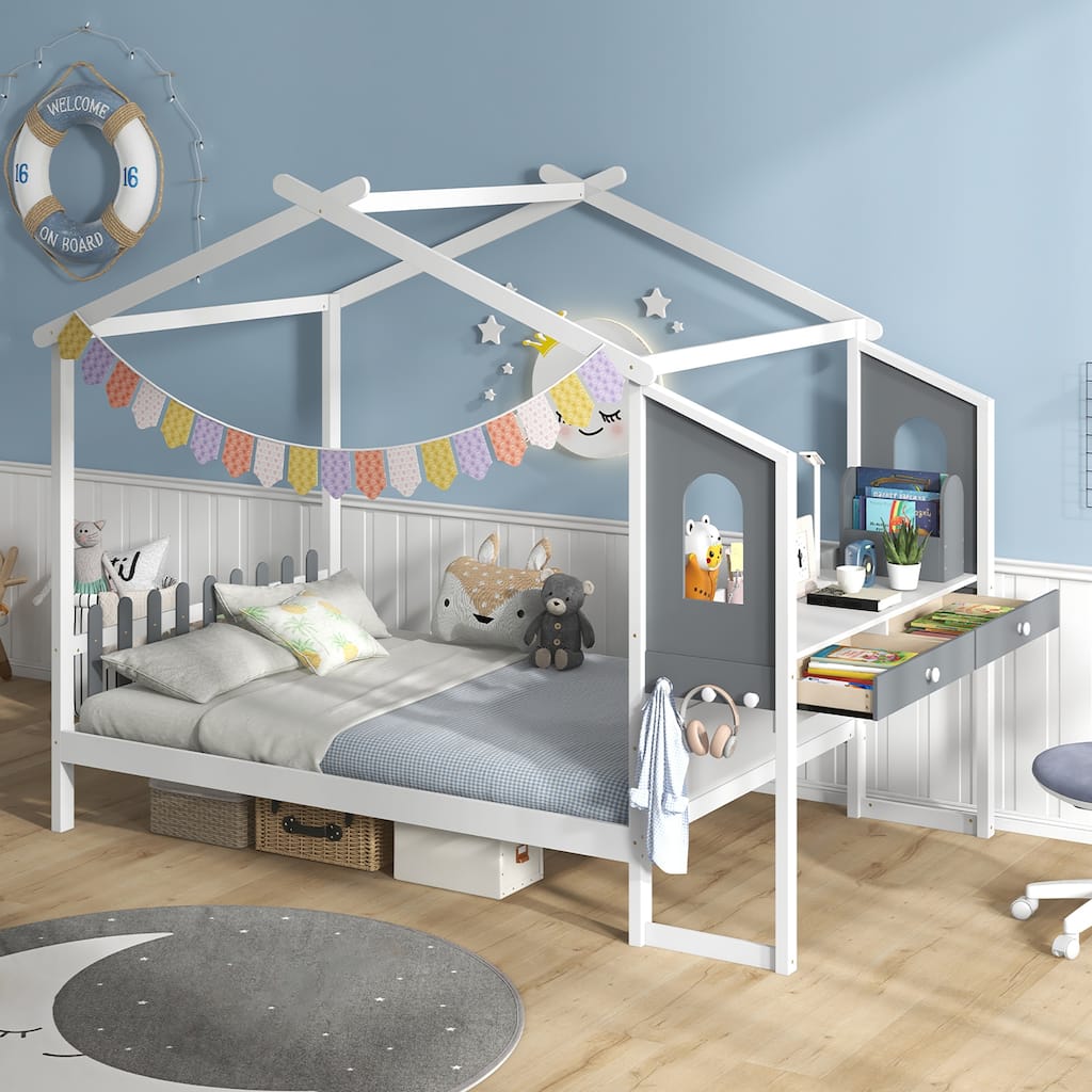 Gymax Full Size Kids House Bed w/ Study Desk & Removable Box Drawers