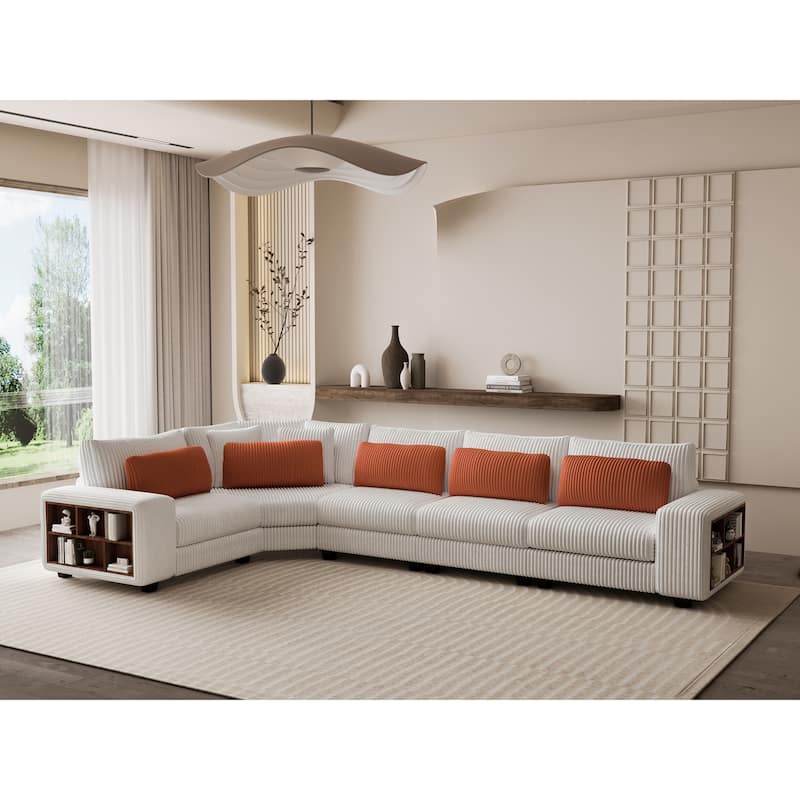 Beige 142" L-Shaped 5-Seat Modular Sofa with Pillow and Storage Shelves