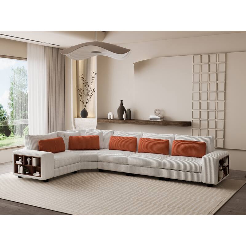 Beige 142'' L-Shaped 5-Seat Modular Sectional Sofa with Pillow, Wooden Armrests, and Storage Shelves for Versatile Spaces