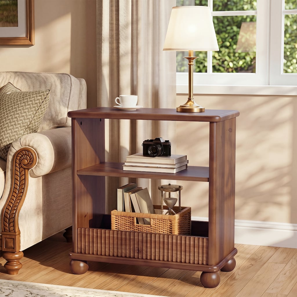 3-Tier Solid Wood End Table with Storage Shelf for Living Room