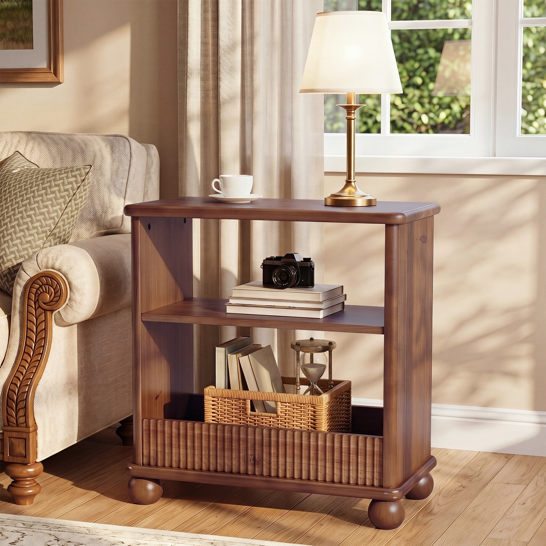 3-Tier Solid Wood End Table with Storage Shelf for Living Room