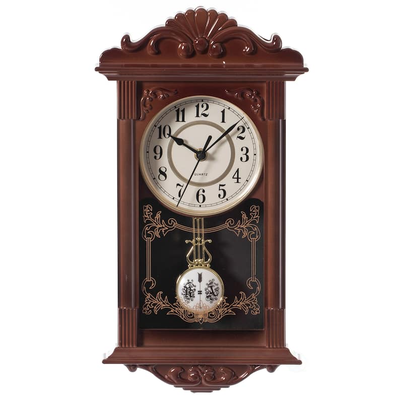 Clockswise Vintage Grandfather Wood-Looking Plastic Pendulum Decorative Battery-Operated Wall Clock Brown, for Home Decor - 16 Inch High - Brown
