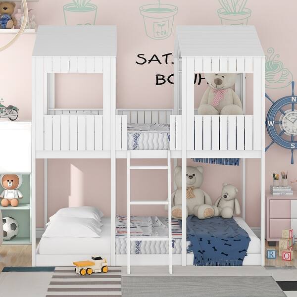 slide 2 of 12, Full Over Full Bunk Bed with Roof, Window & Guardrail, Antique White White