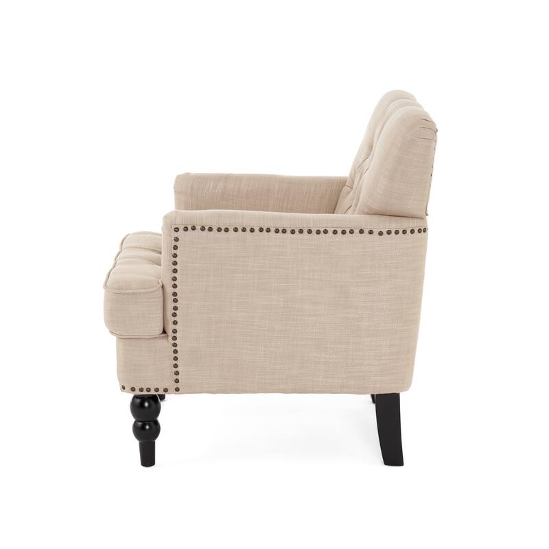 Modern 28" Upholstered Button Tufted Club Chair with Nailheads and Birch Wood Legs