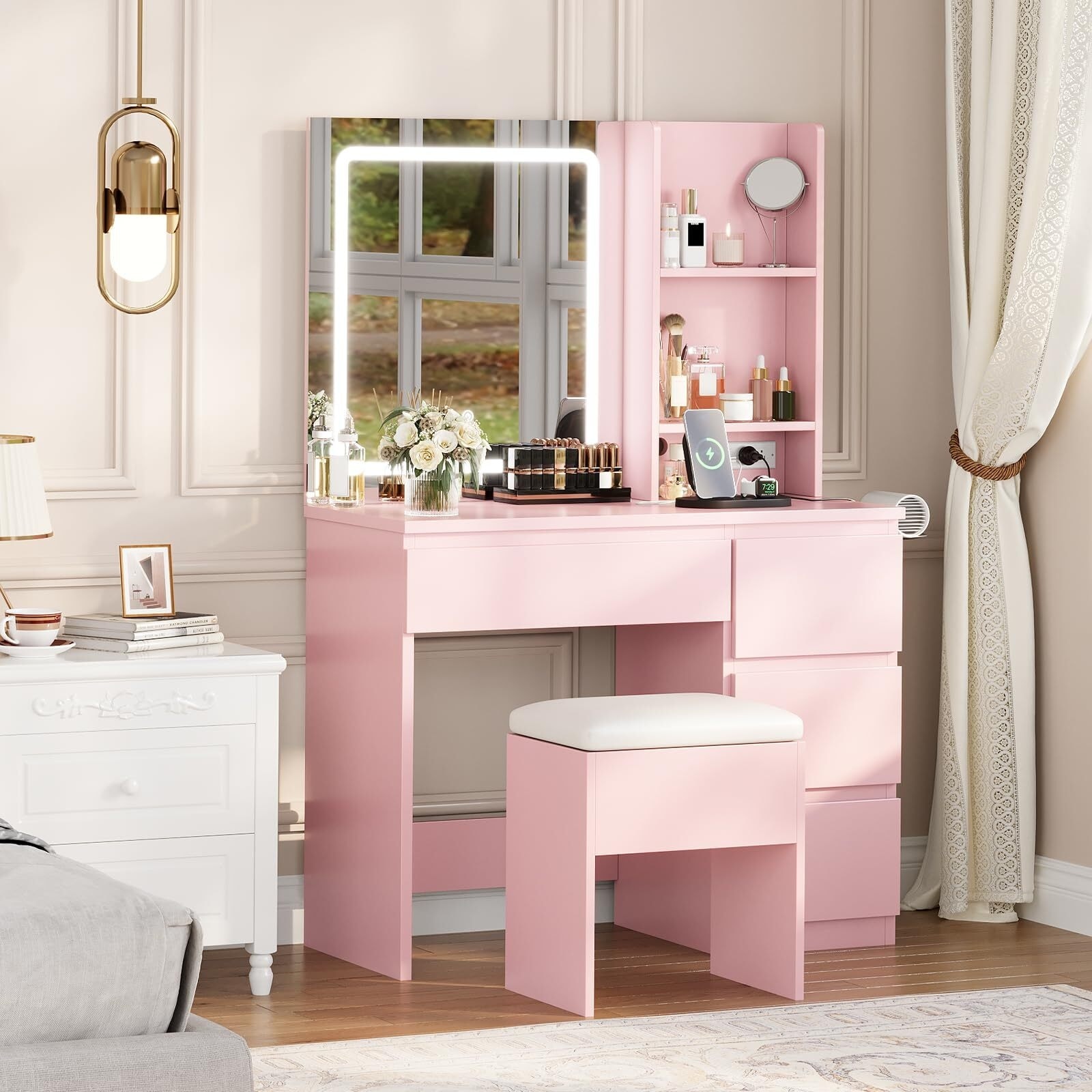 Makeup Vanity Desk with Mirror & LED Light - Vanity Set with 4 Drawers, Power Outlet, Storage Stool, Shelves & Hair Dryer Holder