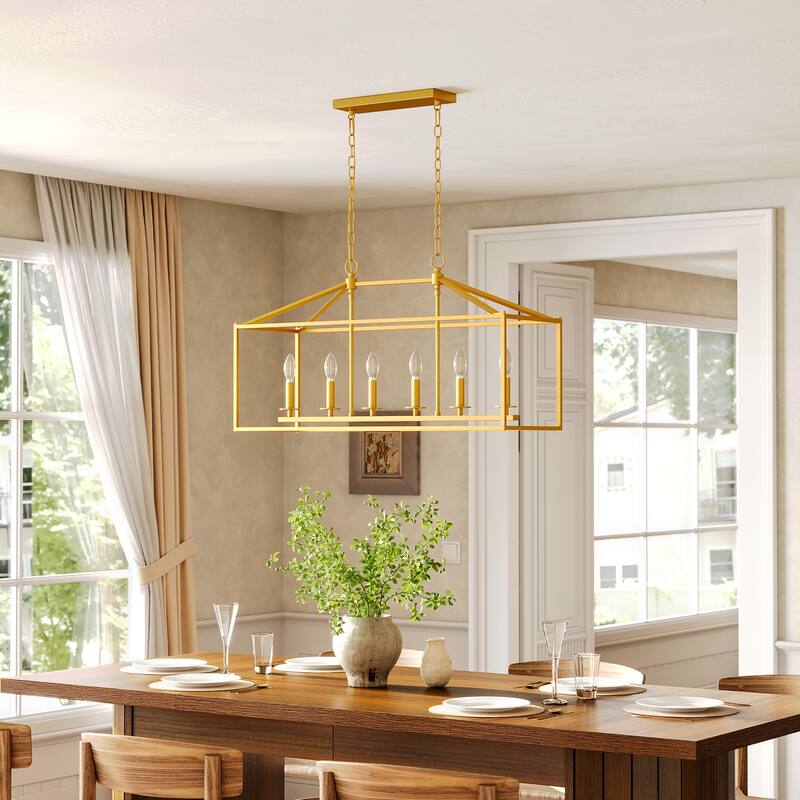 56.7in 6-Light Linear Chandelier with Caged Metal Shade, Height Adjustable
