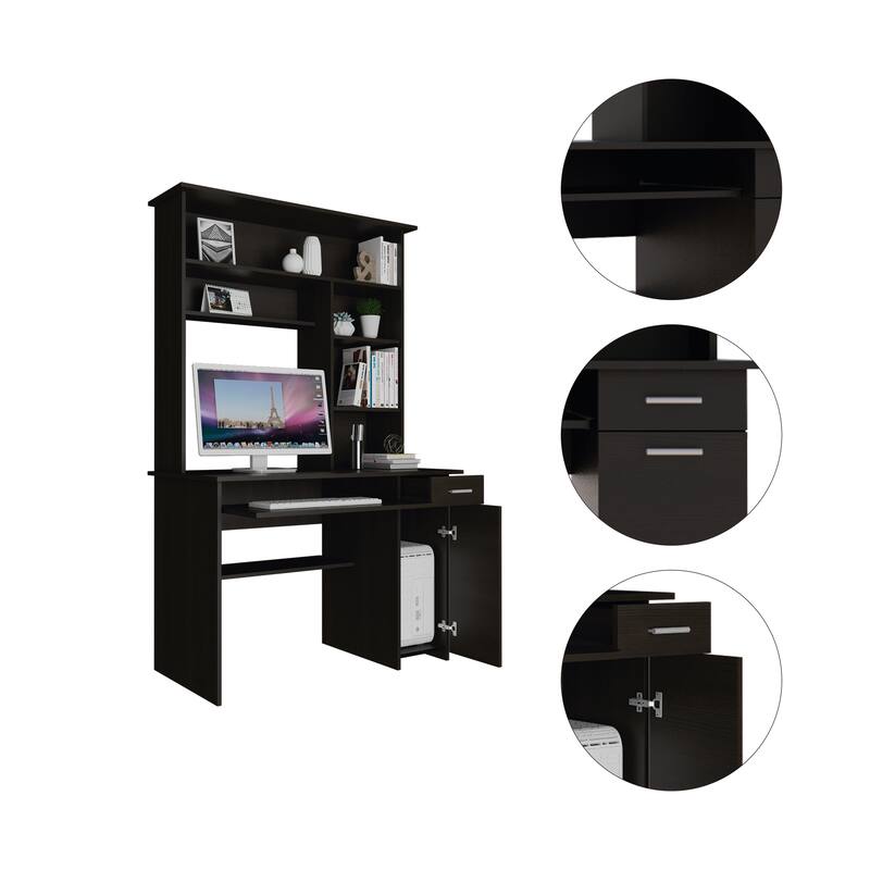 Compu 180 Hutch Desk with 5 Shelves, Retractable Keyboard Tray, CPU Panel, and Drawer