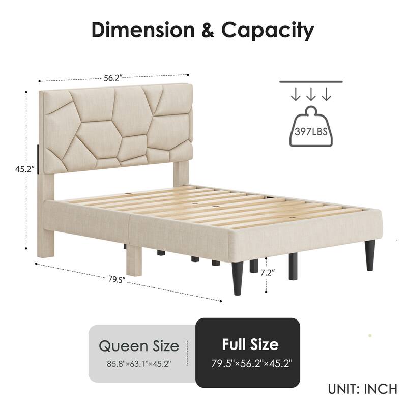 Linen Fabric Storage Bed Frame with Headboard, Upholstered Platform Bed with Under Bed Storage Space