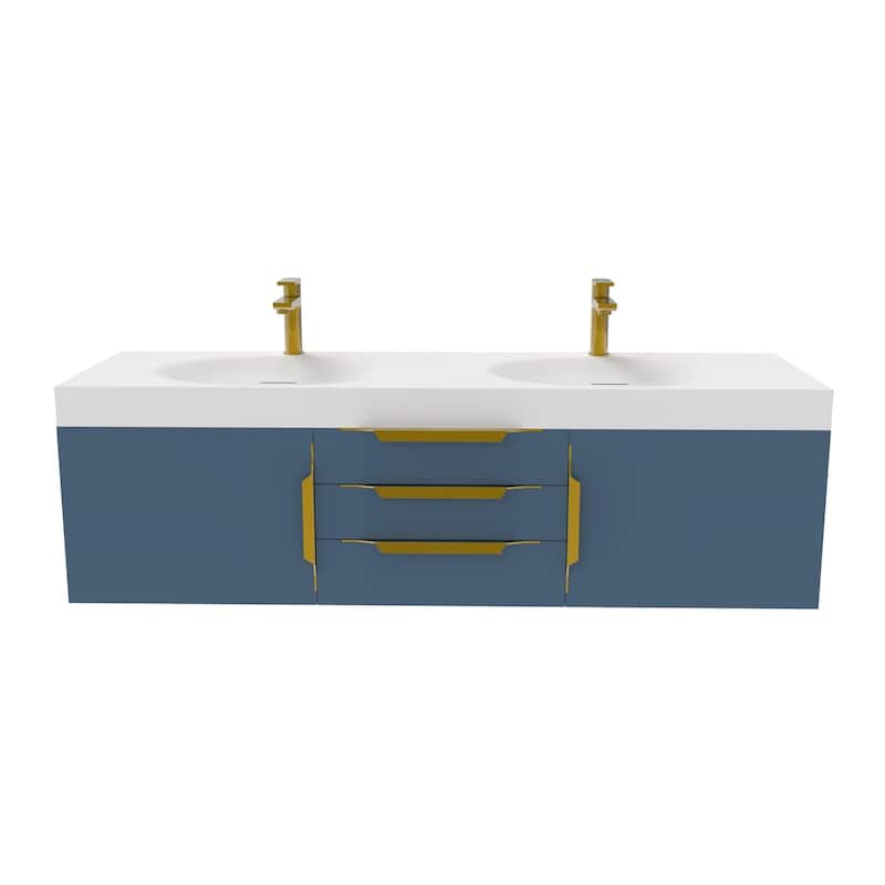 Thames 60" Shallow Basin Wall Mounted Bathroom Vanity Set w/ White Top - Blue - Gold Finish