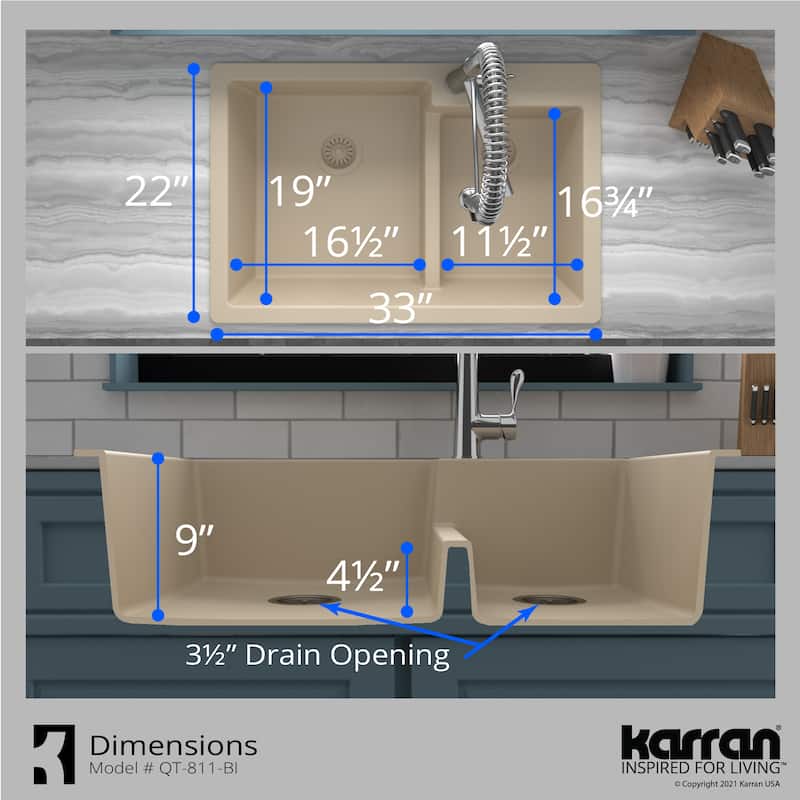 Karran 33" Top Mount Large/Small Bowl Quartz Kitchen Sink Kit - 33" x 22" x 9"