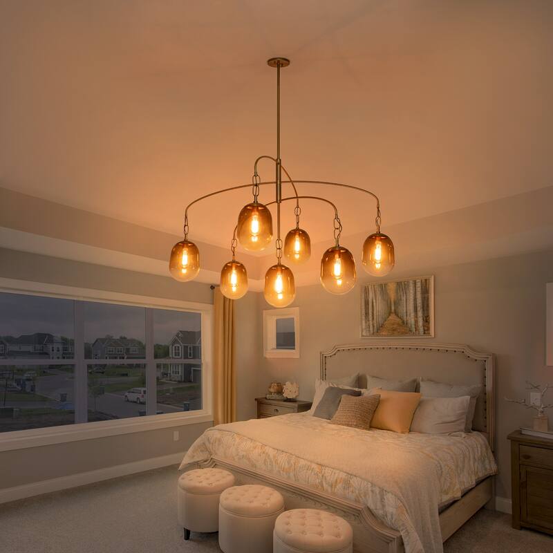 Modern Gold Chandelier Gradient Glass Shades 2-Tier Curved Arm