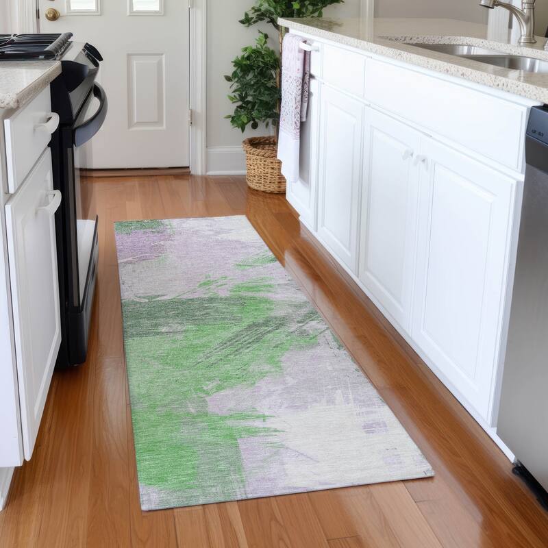 Premium Washable Super Soft Modern Brushstrokes Mayfield Rug - Green - 2'3" x 7'6"