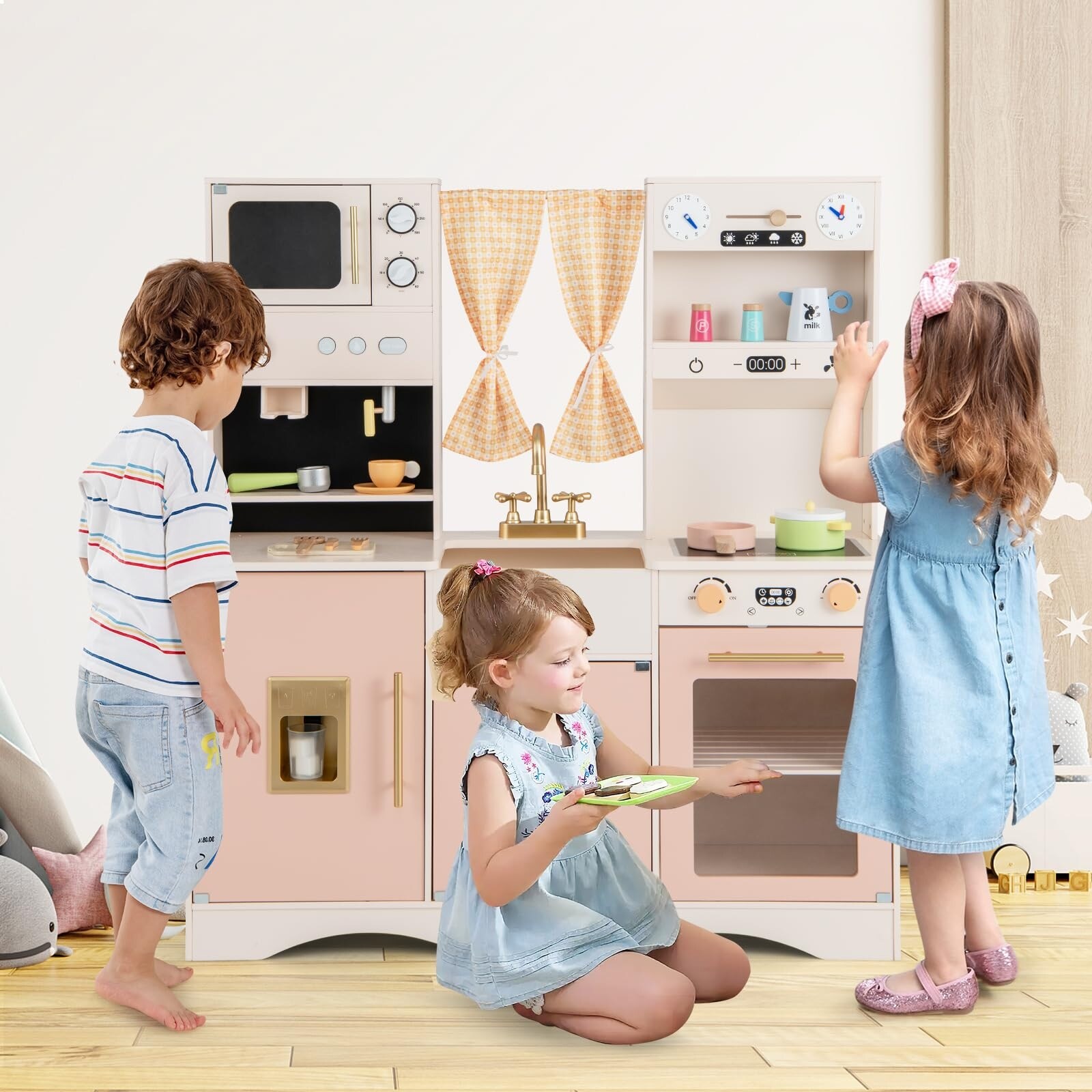 Kids Kitchen Playset, Wooden Play Kitchen for Toddlers, Ice Maker - Main Image