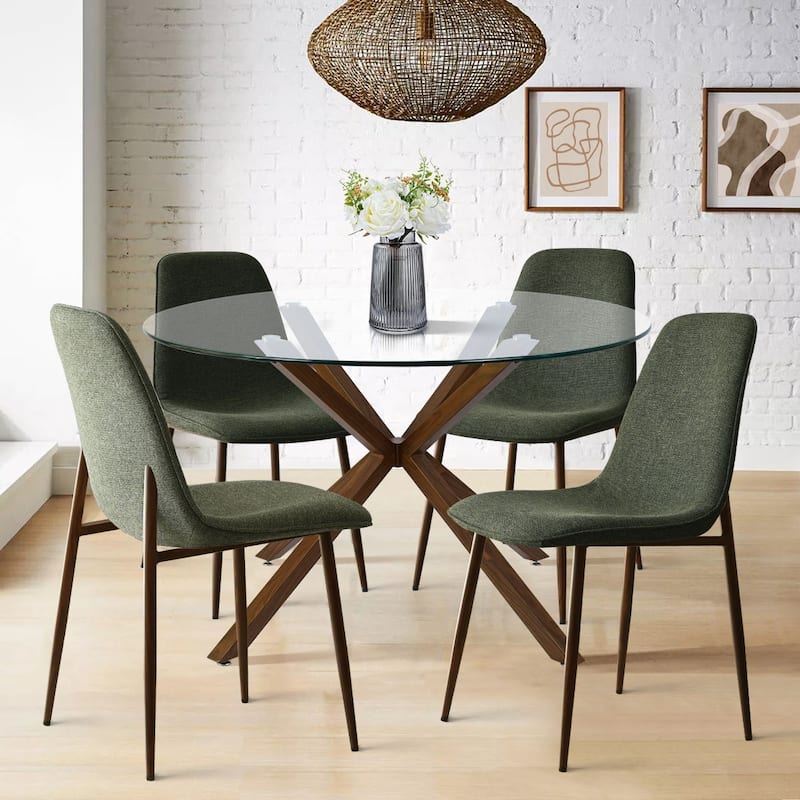 Modern Round Glass Table Set for 4 with Upholstered Dining Chairs