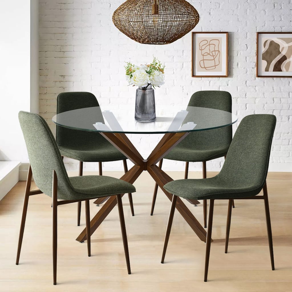 Modern Round Glass Table Set for 4 with Upholstered Dining Chairs