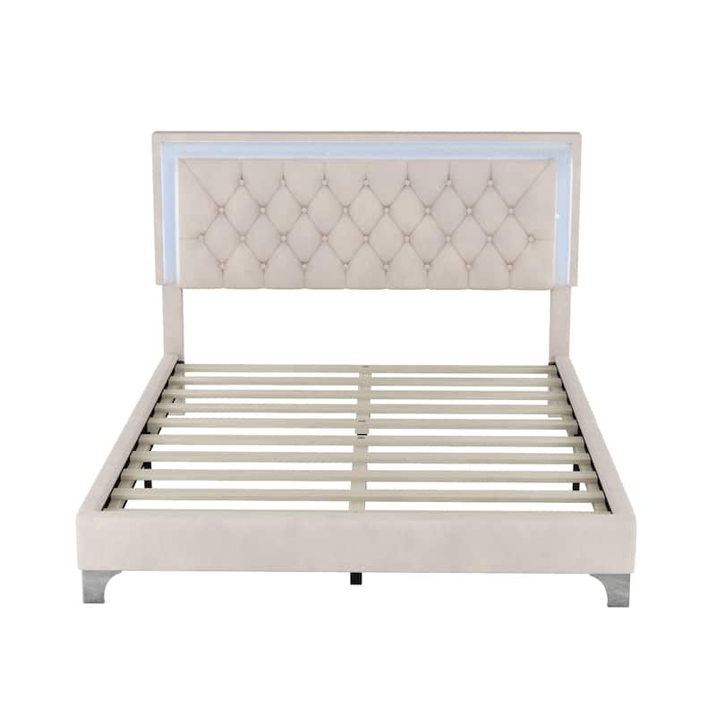 Queen Size Upholstered Bed Frame with LED Lights