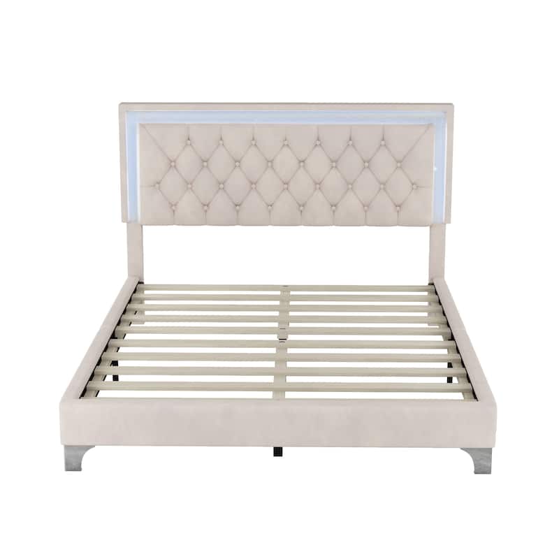 Upholstered Bed Frame with LED Lights Modern Velvet Platform Bed with ...