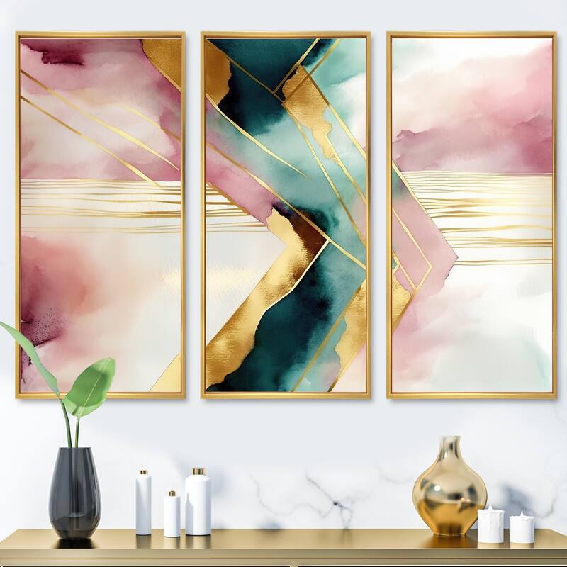 Designart "Abstract Geode Geometric Pink And Green III" Modern Geometric Framed Canvas Art Print - 3 Panels - 36 in. wide x 28 in. high - 3 Panels - Gold