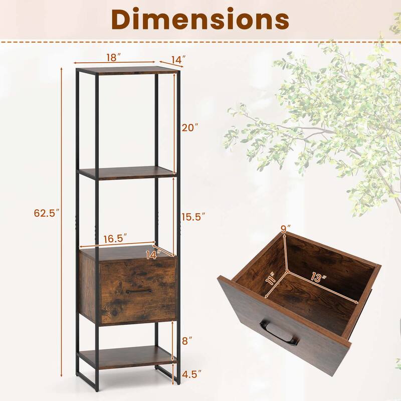4-Tier Bookshelf w/ Drawer 62.5" Tall Narrow Bookcase w/ Metal Frame