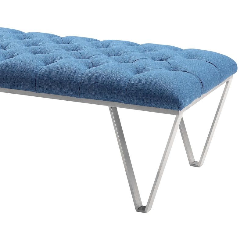Armen Living Serene Bench in Brushed Stainless Steel and Blue Fabric