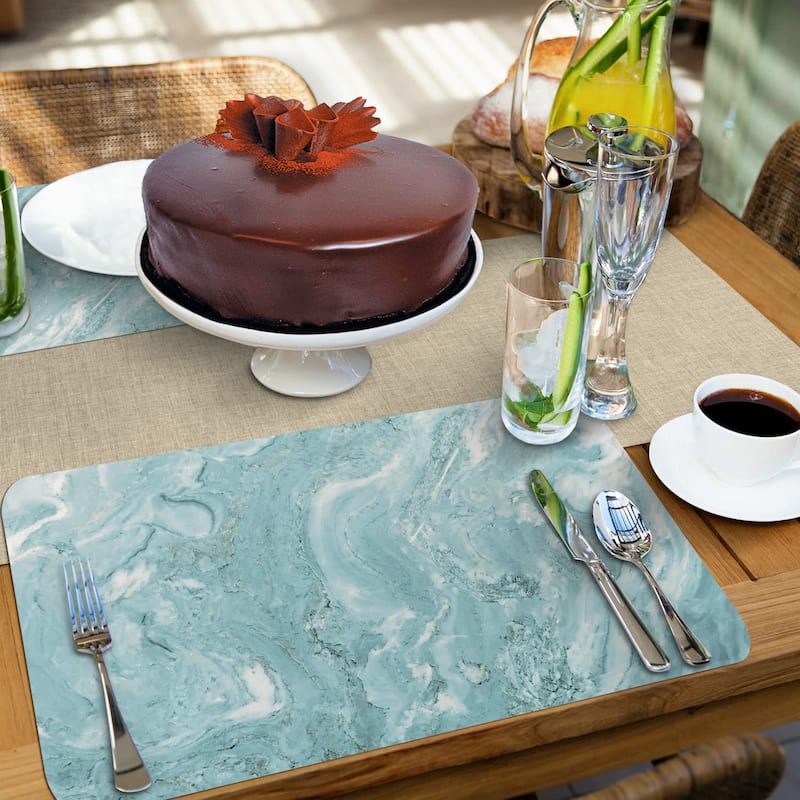 CounterArt Teal/White Printed Quartz Design Reversible Easy Care Flexible Plastic Placemat, 4 Pack, Made in The USA