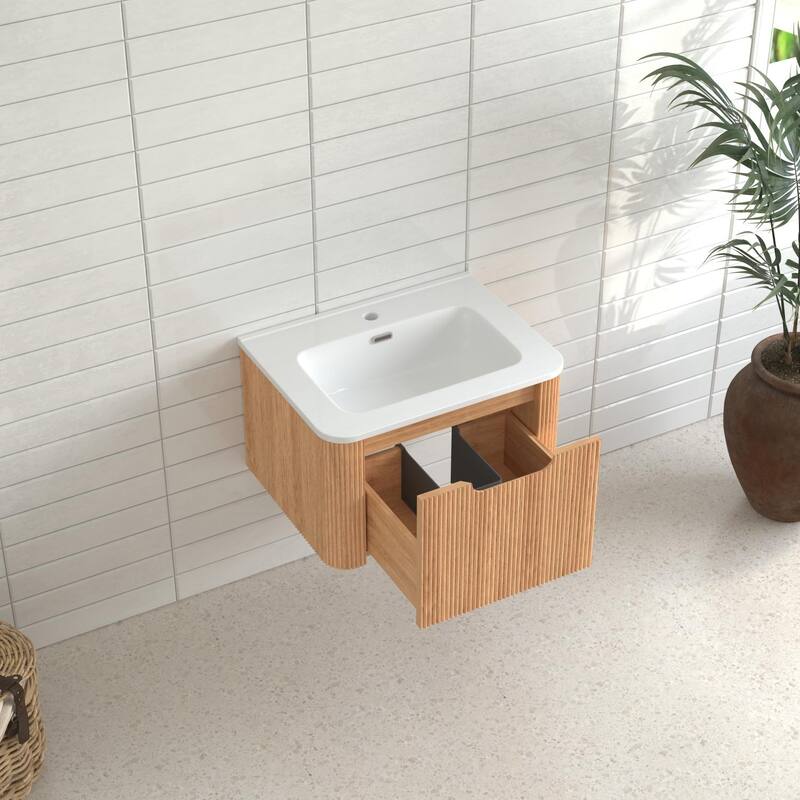24" Wall-Mounted Floating Bathroom Vanity Pre-Assembled Curved Edge Storage Bathroom Cabinet With Ceramic Basin