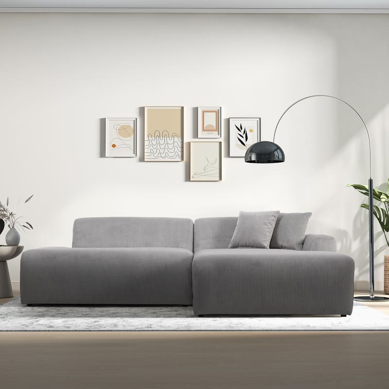 Daron Mid-Century Modern Sectional Corduroy Sofa - Light Grey - Right Facing