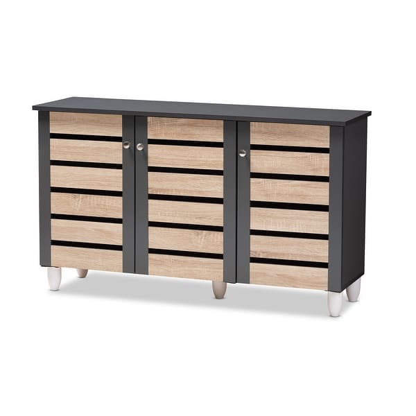 slide 2 of 11, Contemporary 3-door Slatted Wood 14-pair Shoe Storage Cabinet N/A