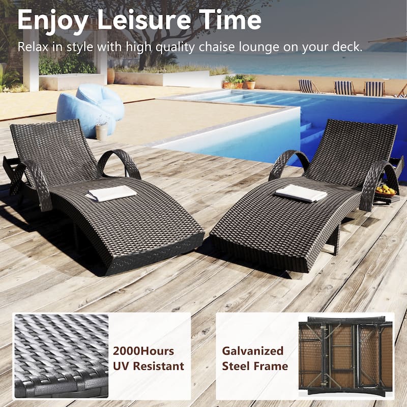 2-Piece 80''Lounge Chairs,Patio Rattan Reclining Chair Pull-out Table Adjustable Backrest Ergonomic Wave Sunbathing Recliners