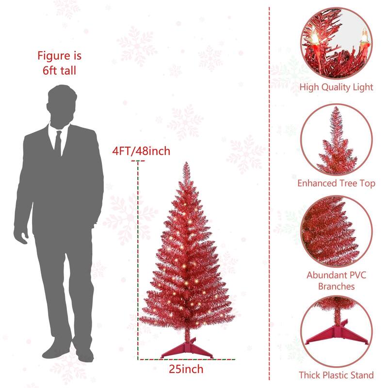 4FT Red Christmas Tree with 50 UL Lights, 122 PVC Tips - Prelit Artificial Holiday Tree for Indoor Decoration