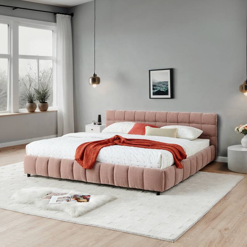 Roomfitters California King Upholstered Platform Bed with Storage, Chenille Fabric Frame with Headboard