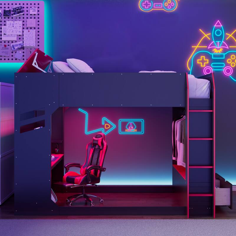 Full Size Gaming Loft Bed with RGB Lights, Wooden High Loft Bed Frame with Adjustable Desk, Hanging Rod and Storage - Red - Full