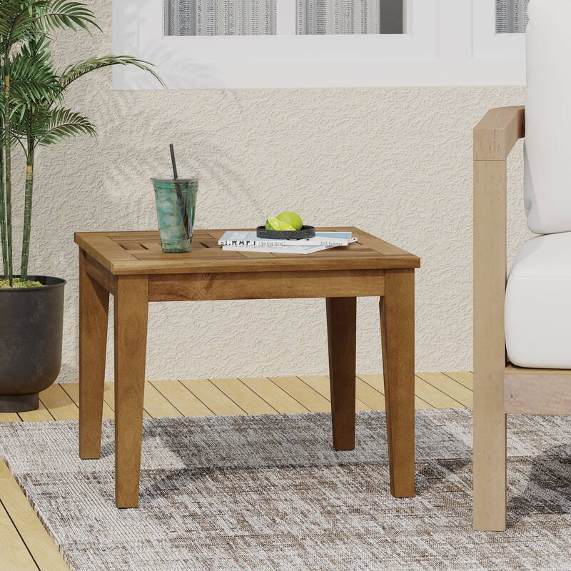Roomfitters Solid Acacia Wood Patio Side Table, Outdoor End Table for Balcony or Garden, Slatted Top Design