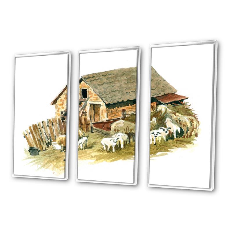 Designart "Old Farmhouse With Sheeps" Country Framed Art Set of 3 4