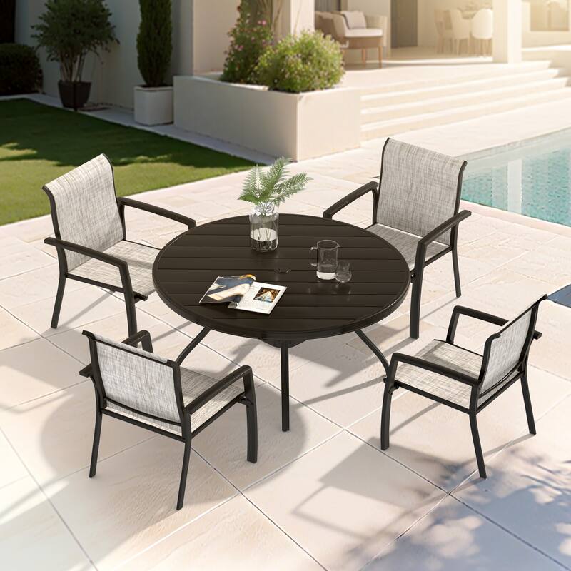 5-Piece Outdoor Dining Set‌ – Includes 4 Stackable Chairs & 40.6" Round Metal Table. -  Black+Grey