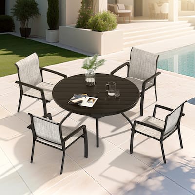 5-Piece Outdoor Dining Set‌ – Includes 4 Stackable Chairs & 40.6" Round Metal Table.