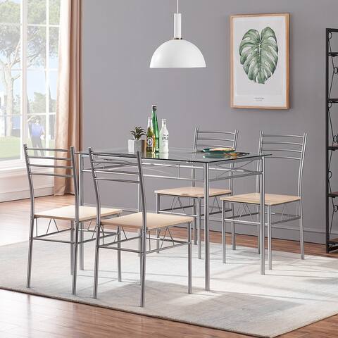 VECELO Modern 5-piece Dining Set Tempered Glass Top and Steel Dining Chair Set of 4