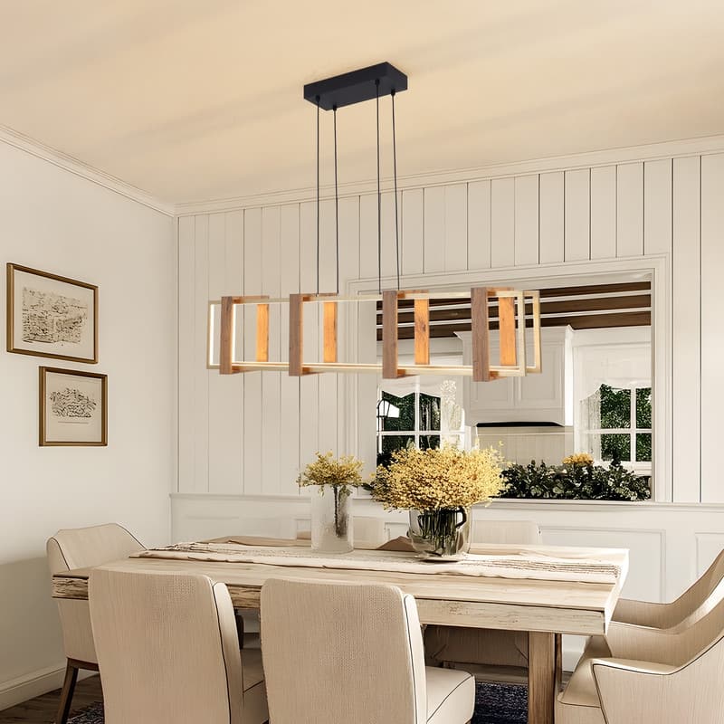 40 in. LED Rectangular Wood Chandelier, Modern Pendant Light Fixture, Dimmable Kitchen Chandeliers for Dinning Room